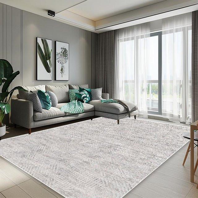 Moderner Luxusteppich HGHT in Grau mit abstraktem geometrischem Design, weicher Plüsch aus Polyester, rutschfest und waschbar, B/T: 90 x 60 cm - Bild 1