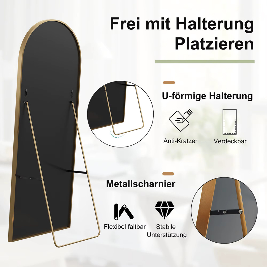 Anajqaqia Moderner Ganzkörperspiegel in Ovalform mit Aluminiumlegierung-Rahmen und gehärtetem Glas, Farbe: Schwarz oder Gold, Höhe: 164 cm, Breite: 54 cm - Bild 4