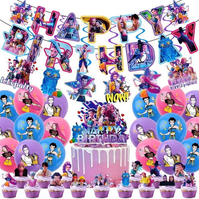 Discover Intime KPop Dämonenjäger Geburtstag Dekoration Set mit Banner, Ballons und Kuchenaufsatz in Mehrfarbig - Bild 1