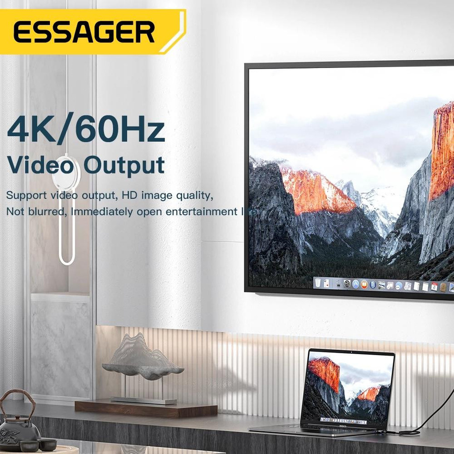 Essager PD 100 W USB C OTG Adapter mit Schnellladung, Typ C Anschluss, 20 Gbit/s Datensynchronisierung und 4K 60 Hz für MacBook und Laptop, grau - Bild 6
