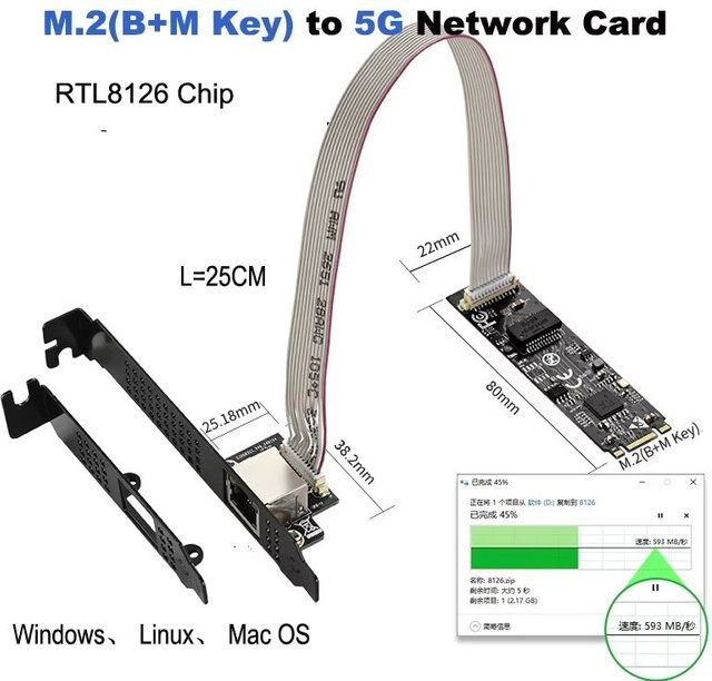 Lekuo 5Gb Ethernet-Karte M.2 B Key und M Key zu PCIe 5000Mbps RJ45 LAN-Controller RTL8126 Schwarz - Bild 1