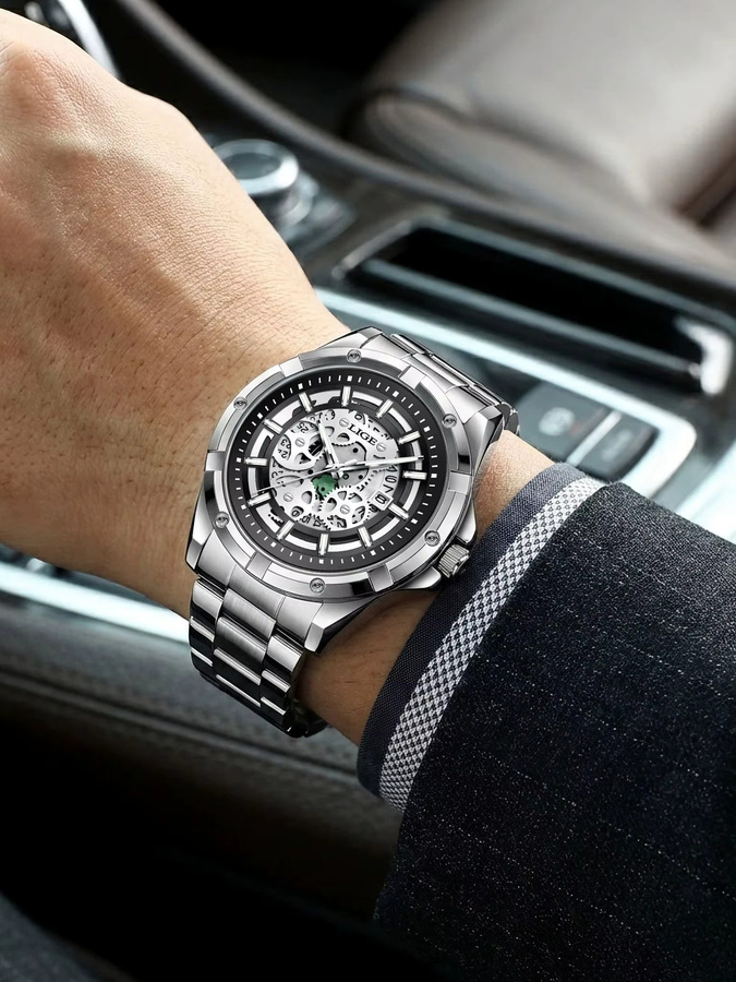 LIGE Armbanduhr Quarz, Edelstahl, Schwarz, Herren - Bild 5