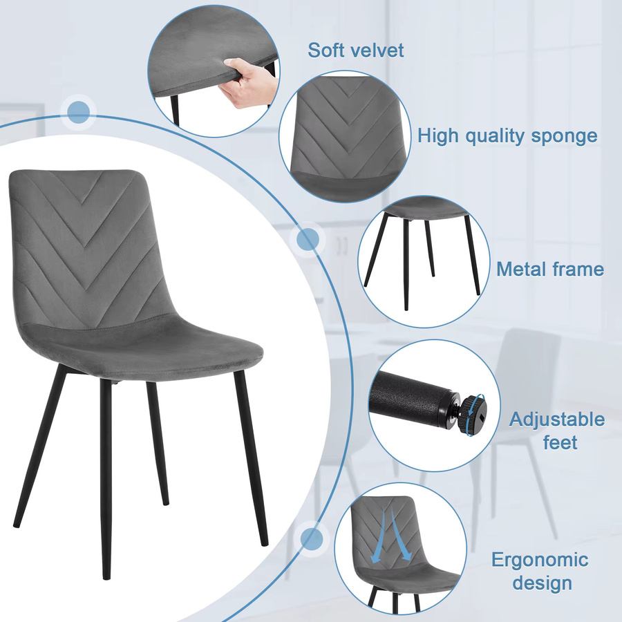 4er Set ergonomische Esszimmerstühle von Eugad aus Samt in Schwarz mit gepolsterten Metallbeinen für Küche und Wohnzimmer - Bild 3