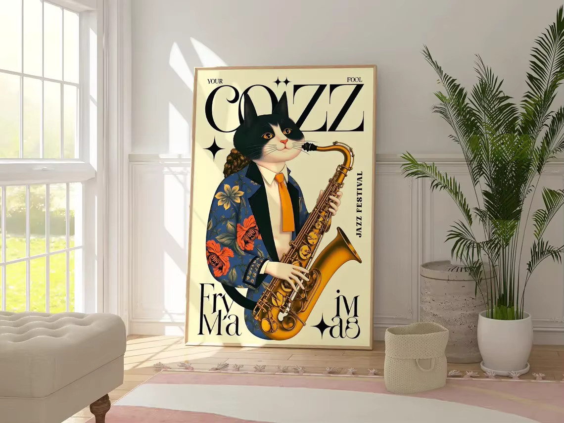 Vintage Jazz-Katzen Wandkunst aus Papier von SHENCHEN in Mehrfarbig - Bild 3