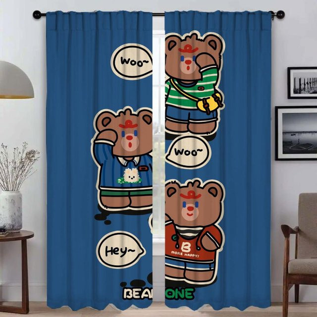 2er-Set Bärenvorhänge in Blau, halbtransparente Tüll-Vorhänge für Wohnzimmer, Schlafzimmer und Küche, Breite: 50 cm, Höhe: 70 cm - Bild 1