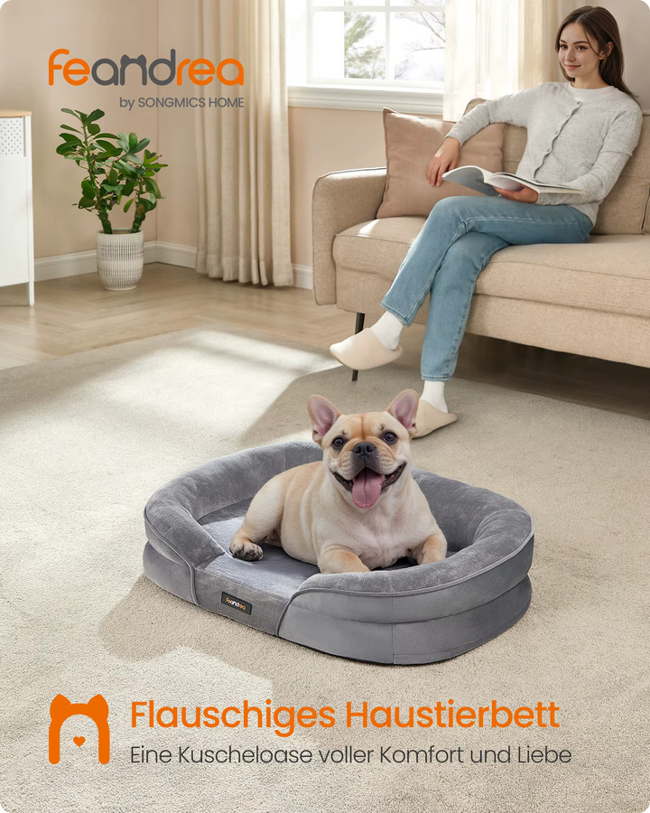 Feandrea Hundebett mit orthopädischem Schaumstoff und abnehmbarem Bezug, Grau, B/T/H: 76 x 51 x 18 cm - Bild 2