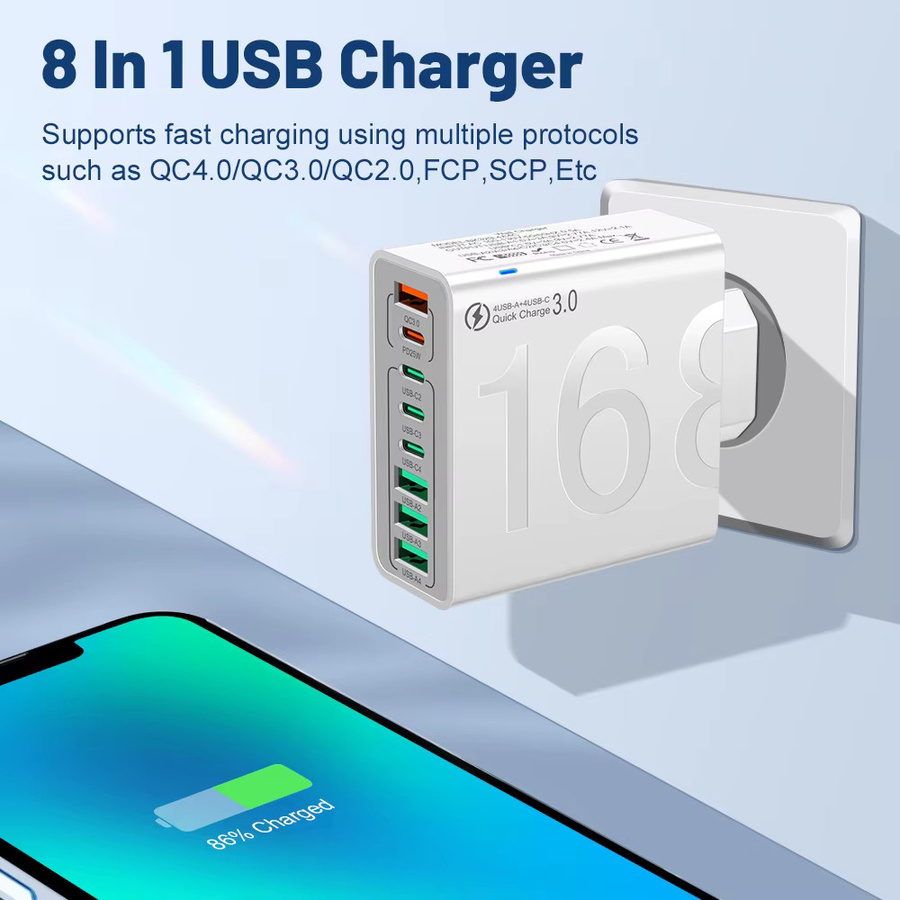 150 W QC3.0 Multi Ports Schnellladegerät mit USB-C in Weiß für Xiaomi, Huawei, OnePlus und iPhone 14 Pro - Bild 1