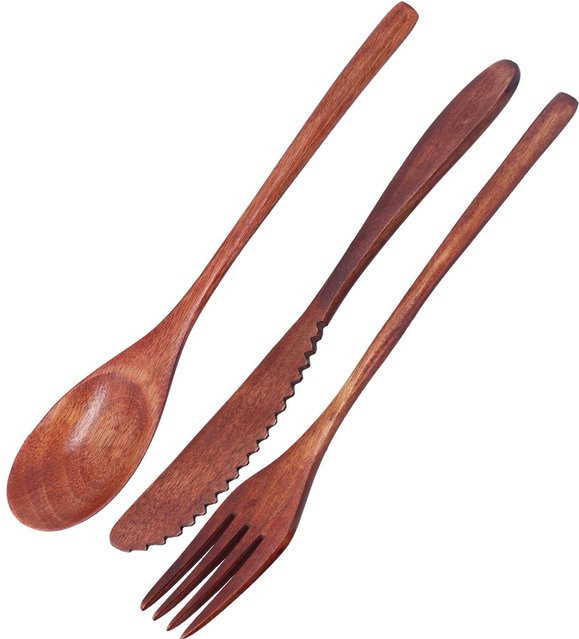 3-teiliges tragbares Besteckset aus Holz mit Messer, Gabel und Löffel in Braun von mfySpace - Bild 1