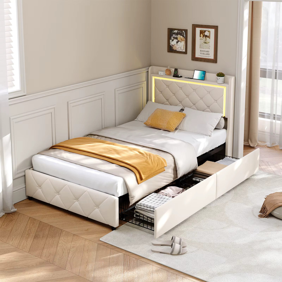 Superaly Polsterbett mit 2 Schubladen, LED-Beleuchtung und USB-Ladefunktion, Samt, Beige, B: 90 cm, T: 200 cm - Bild 3