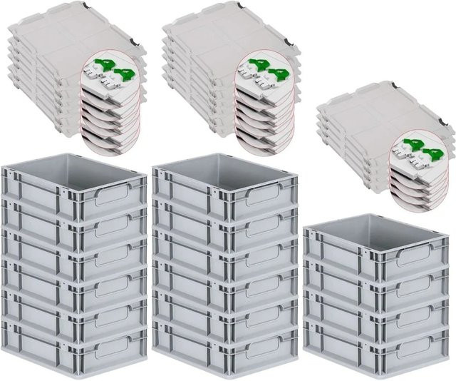PROREGAL Spar Set 16x Eurobox Nextgen Economy mit Scharnierdeckel und grünen Schiebeschnappverschlüssen, Grau/Grün, H x B x T: 12 x 30 x 40 cm, 11 Liter - Bild 1