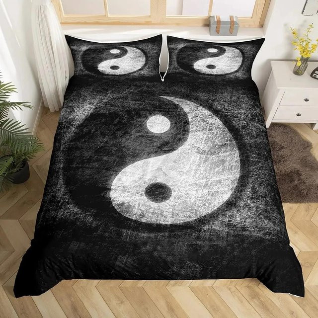 Yin Yang Bettwäscheset mit Boho Psychedelic Kunst Design von Lodestar in Schwarz-Weiß, B/H: 135 x 200 cm - Bild 1
