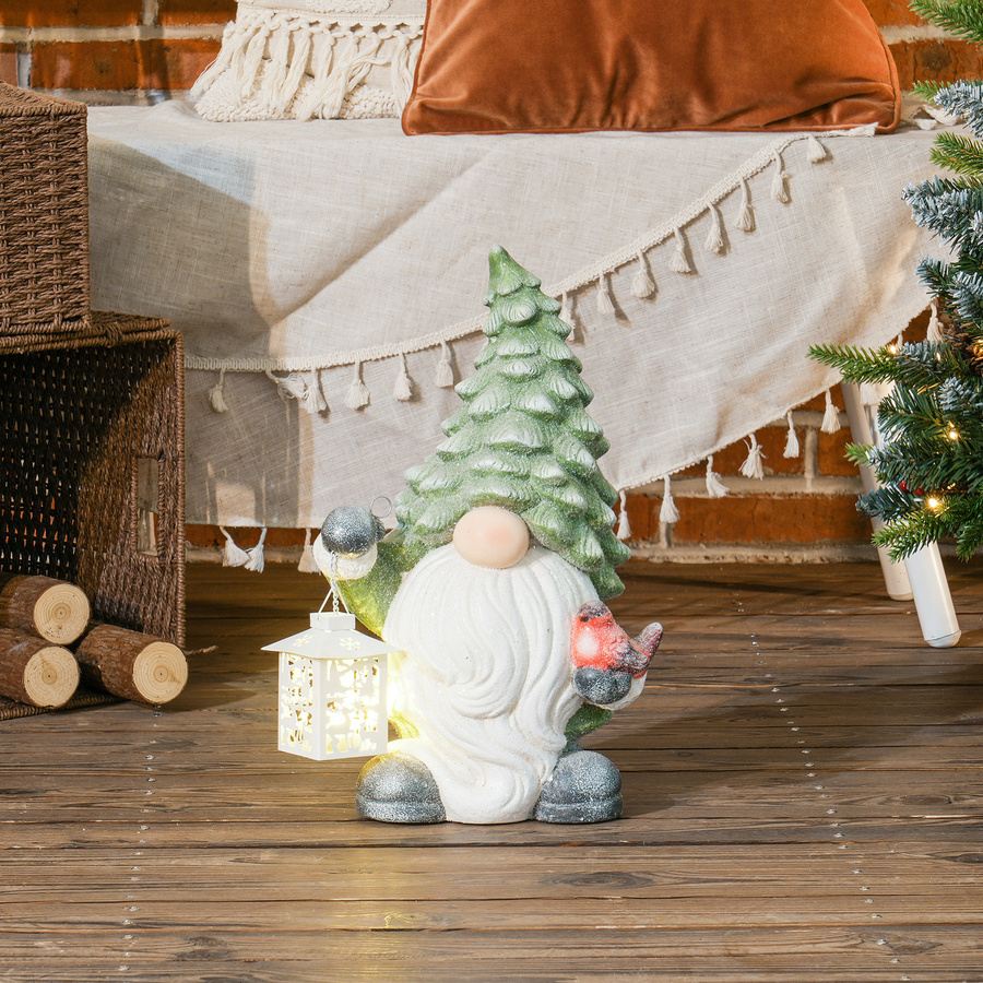 HOMCOM Weihnachtsfigur Weihnachtsmann mit Weihnachtsbaum-Mütze und Laterne sowie LED-Licht, Weiß-Grün, Höhe: 42 cm - Bild 2