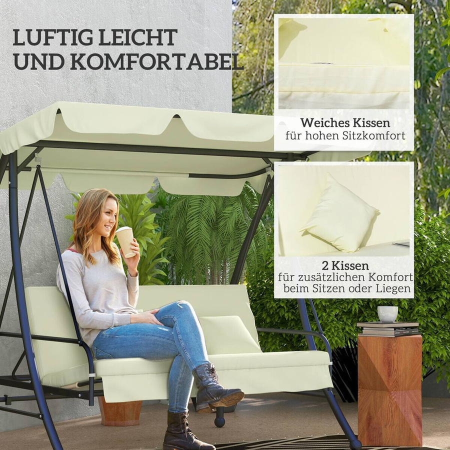 Outsunny 2 in 1 Hollywoodschaukel mit Liegefunktion als 3-Sitzer, Cremeweiß, B/T/H: 200 x 125 x 170 cm - Bild 3