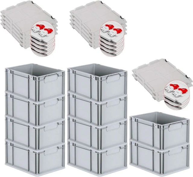 PROREGAL Spar Set 10x Eurobox Nextgen Economy mit Scharnierdeckel und roten Schiebeschnappverschlüssen, Grau, H x B x T: 22 x 30 x 40 cm, 20 Liter - Bild 1