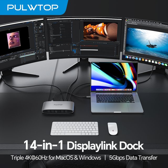 PULWTOP Displaylink-Dockingstation in Grau mit 2 HDMI 4K bei 60 Hz, 2 DisplayPort, USB-C, 4 USB-A, Ethernet und Audio - Bild 1