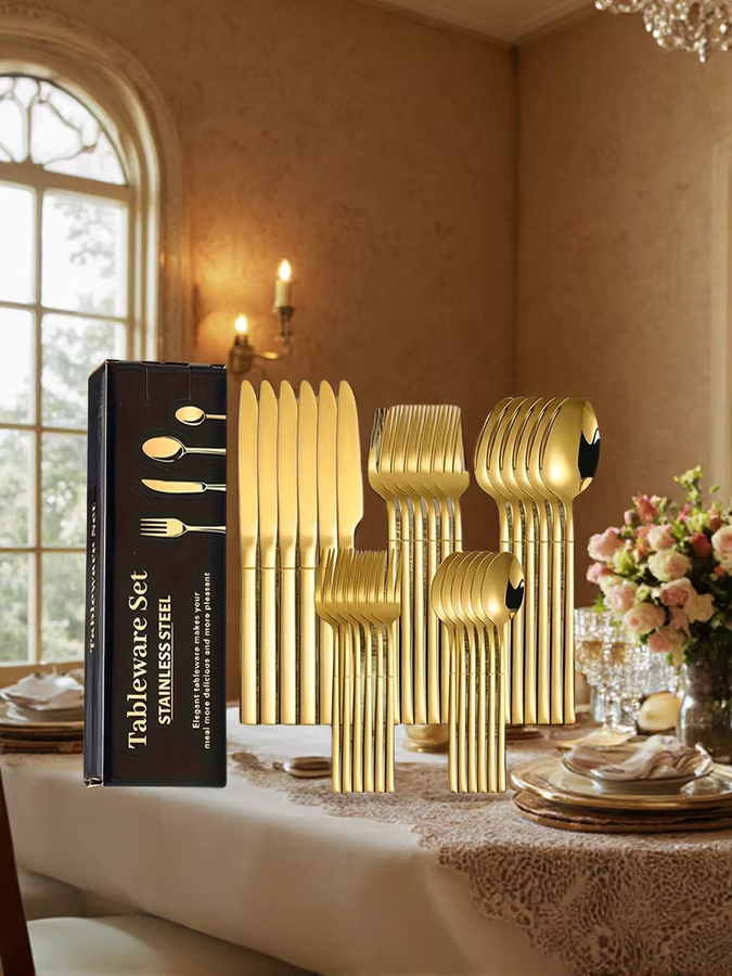 30/24-teiliges Ritterbesteck-Set aus poliertem Edelstahl in Gold für 6 Personen inklusive Messer, Gabel und Löffel - Bild 5