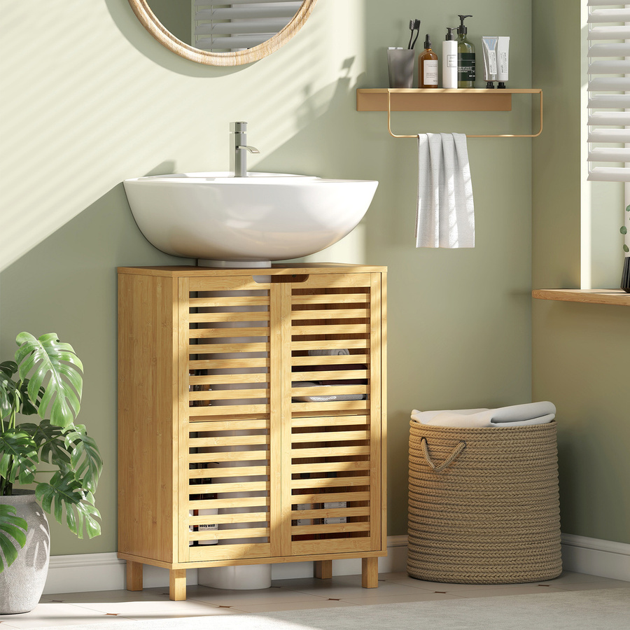 HOMCOM Waschbeckenunterschrank aus Bambus mit 2 Lamellentüren und verstellbarem Einlegeboden, Farbe: Braun, B/T/H: 60 x 30 x 80 cm - Bild 2