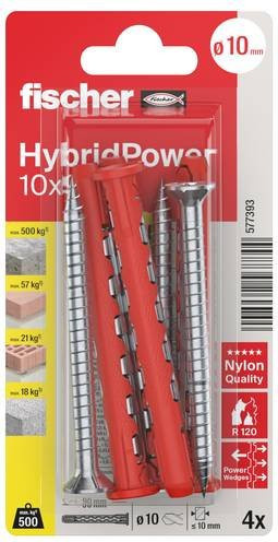 Fischer HybridPower Universal Dübel Set aus Nylon in Rot, Durchmesser: 10 mm, Länge: 90 mm, 4 Stück - Bild 1