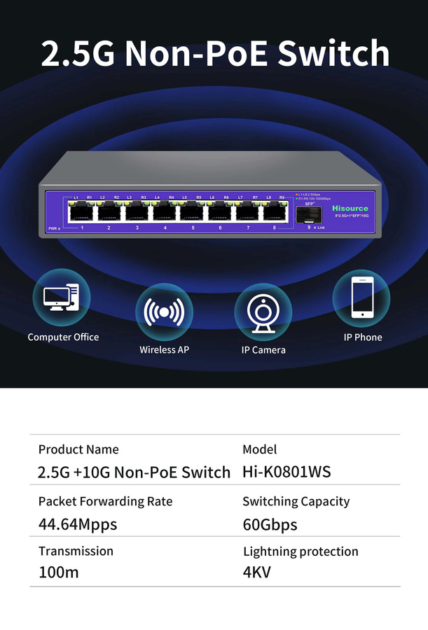 Hisource 8-Port 2,5G Ethernet-Switch mit 1 x 10G SFP-Port, Black, ohne PoE - Bild 2