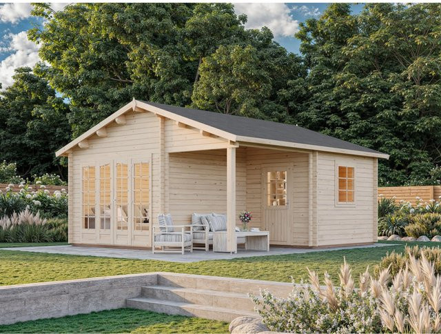 Palmako Irene Blockbohlenhaus aus Fichtenholz mit Satteldach in Braun, B/H/T: 564 x 321 x 598 cm - Bild 1