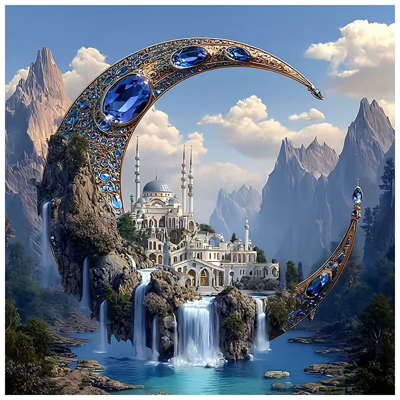 HUACAN Diamant-Mosaik-Gemälde Schloss Landschaft mit Mond und Wasserfall, Rund, Mehrfarbig, Durchmesser: 20 cm - Bild 4