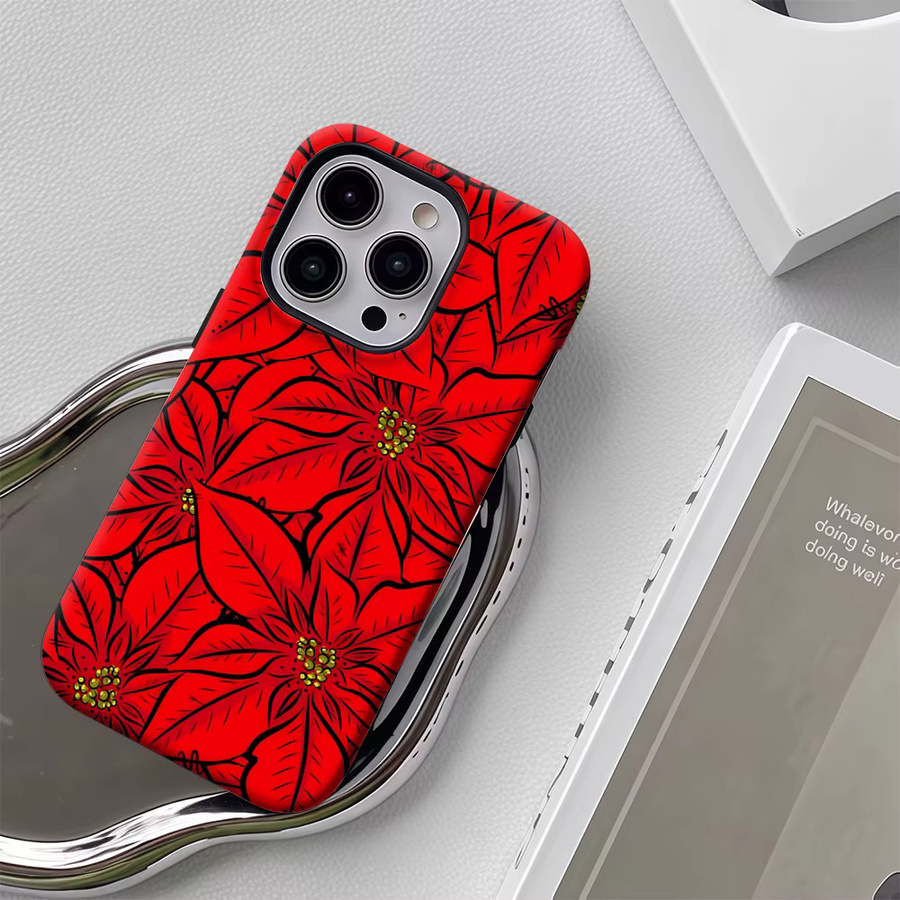 Potdemiel Robuste Handyhülle mit Poinsettia-Design für iPhone 17 16 15 14 13 Pro Max Plus, Rot, Magnetisch, Einzel- und Doppelschichtig - Bild 5