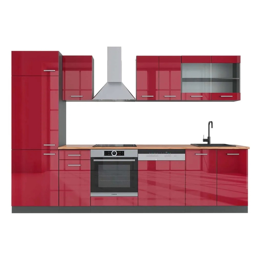 Vicco R-Line Küchenzeile modern in Bordeaux Hochglanz und Anthrazit mit Eiche Optik, Breite: 300 cm - Bild 2