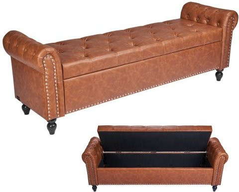 VEVOR Polsterbank mit Knopfheftung und Rollarm aus PU-Leder in Braun, Moderne Ottoman Bank mit Holzbeinen für Flur, Wohnzimmer oder am Fußende des Bettes, B/T/H: 166 x 46 x 56 cm - Bild 1