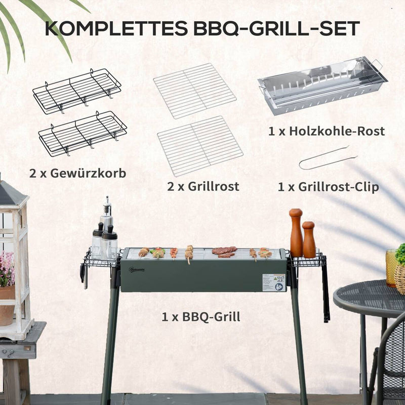 Outsunny Holzkohlegrill Campinggrill aus rostfreiem Stahl und verzinktem Metall mit Seitenkörben und Grillrost-Clip, Dunkelgrün, B: 39 cm, T: 70 cm, H: 77 cm - Bild 4