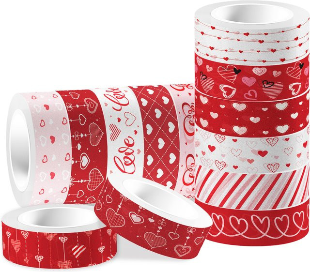12er Set Washi Tape mit Love Heart Design in Rot für DIY-Handwerk, Scrapbooking und Geschenkverpackungen - Bild 1