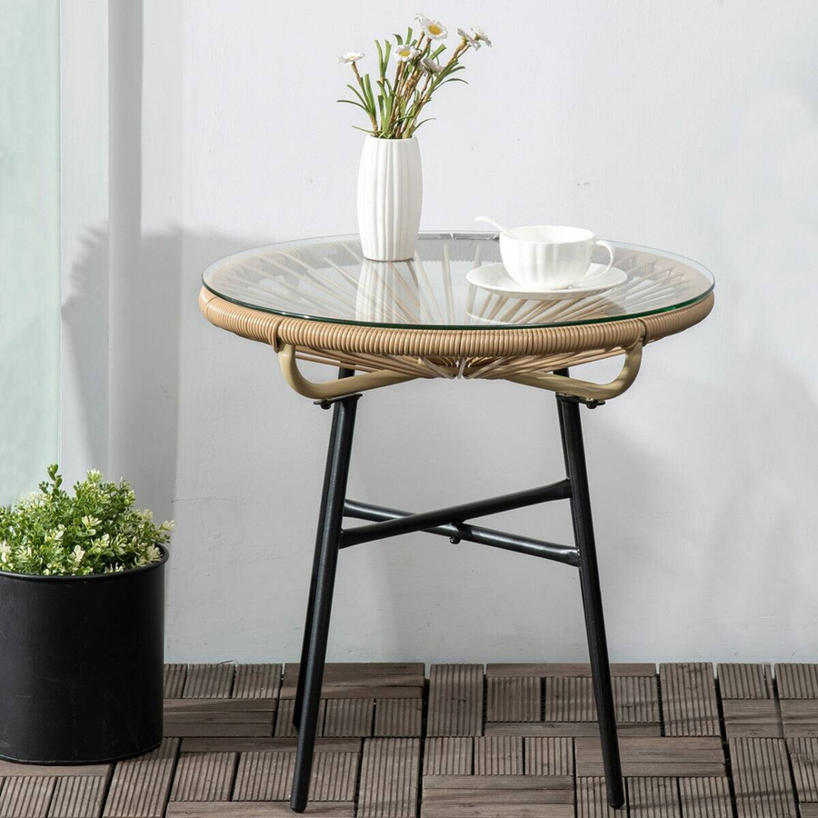 Outsunny Beistelltisch aus Rattan und Glas in Beige im Boho-Stil für Garten, Terrasse und Veranda, B/T/H: 50 x 50 x 50 cm - Bild 3