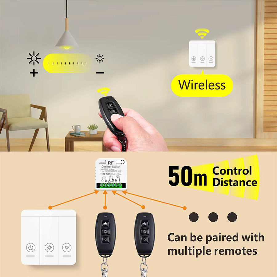 WenQia kabelloser 433 MHz LED-Dimmer in Weiß für LED-Birnen und Halogenlampen, 10–150 W, AC 230 V/220 V/110 V - Bild 3