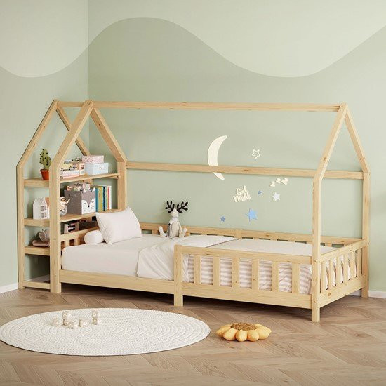 ML-Design Kinderbett aus Kiefernholz mit Hausrahmen und Regal in Natur, B/T/H: 90 x 200 x 140 cm - Bild 1