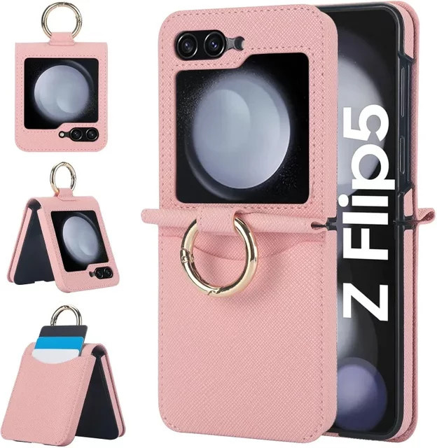 Lederring-Handyhülle für Samsung Galaxy Z Flip 7, 6, 5, 4, 3 mit Kartenhalter und Geldbörse, stoßfeste Abdeckung in Black oder Pink - Bild 1