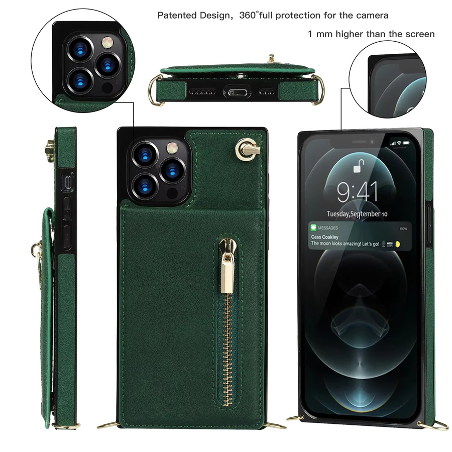 szHAIyu Umhängetasche aus Leder mit Kartenhalter und Lanyard für iPhone 11 bis iPhone 16 Plus in Schwarz und Grün - Bild 2