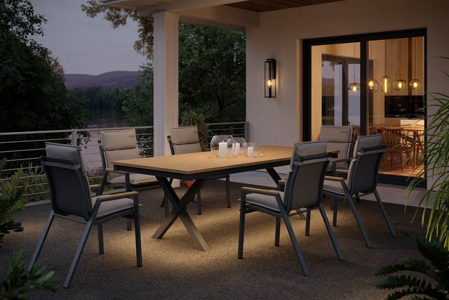 OUTFLEXX Luminara Garten-Essgruppe aus Aluminium und Holzimitat in Anthrazit Matt und Beige mit 6 Stapelsesseln, Auflagen und LED-Beleuchtung, Tisch B: 240 cm, T: 100 cm - Bild 1