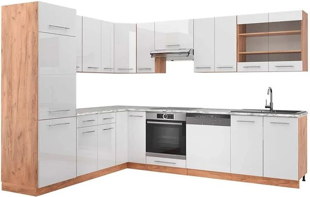 Vicco Fame-Line Eckküche in Weiß Hochglanz und Goldkraft Eiche mit Marmor-Optik, B/T/H: 227 x 287 x 82 cm - Bild 1