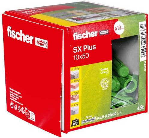 Fischer SX Plus Green Spreizdübel aus Kunststoff für Beton, Farbe: Grün, 45 Stück, Länge: 50 mm, Durchmesser: 10 mm - Bild 1
