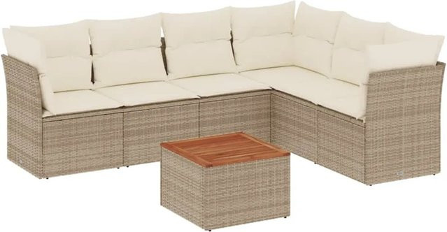vidaXL 7-teilige Garten-Sofagarnitur in L-Form aus Poly-Rattan in Beige mit Kissen und Stauraum - Bild 1