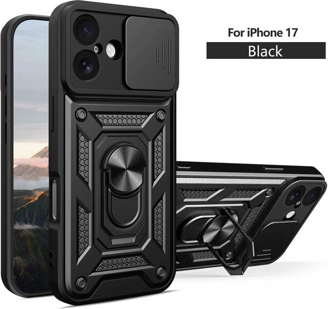 Stoßfeste Militär-Schutzhülle für iPhone 11 bis 17 Pro Max Mini Plus Air mit Ringabdeckung und Kameralinsen-Schutz in Schwarz oder Silber - Bild 1