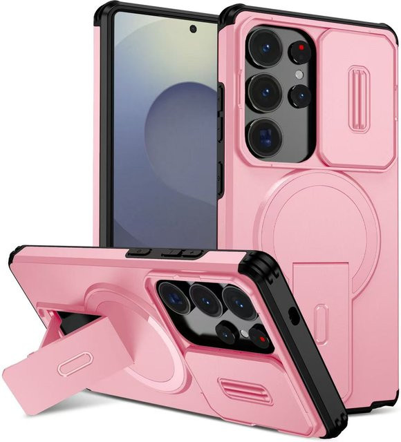 Armor Stoßfeste Magnetische MagSafe Hülle mit Linsenschutz und Ständer für Samsung Galaxy S25 S24 Ultra Plus FE A56 A36 A26 A17 A16 in Pink - Bild 1