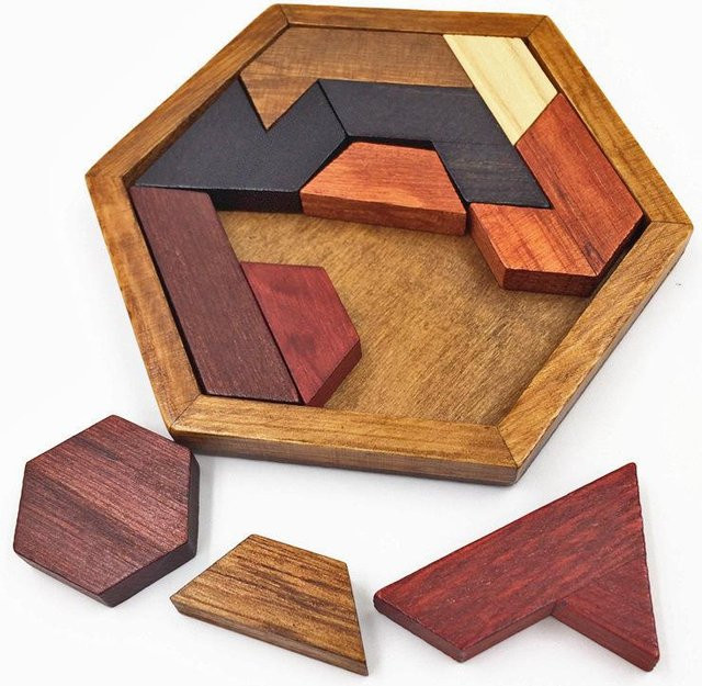 Hexagonal Holz Puzzles IQ, Tangram Bord IQ Denkaufgabe, Grau - Bild 1