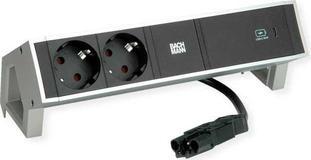 Bachmann DESK2 Steckdosenleiste INOX in Schwarz mit 2 Schutzkontaktsteckdosen und 1 USB-C 60W Charger sowie Haltewinkel - Bild 1