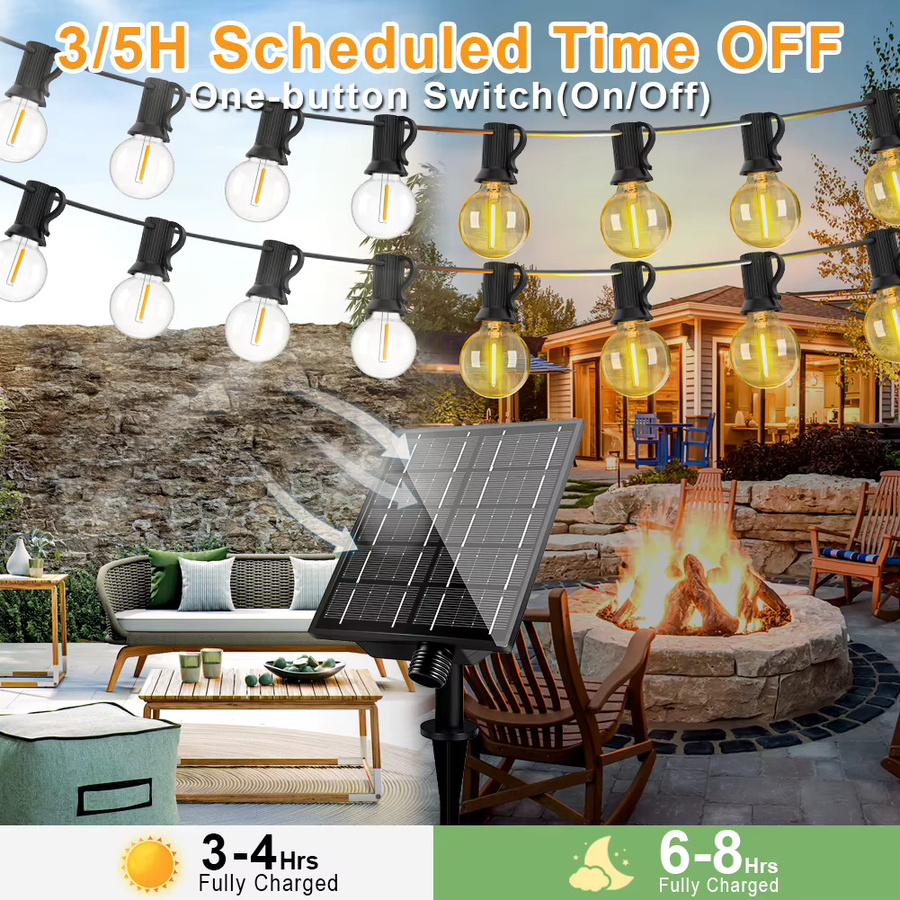 Grensk Solar LED Lichterkette G40 Vintage mit warmweißen Glühbirnen, wasserdicht und bruchsicher für Garten und Terrasse, Schwarz - Bild 3