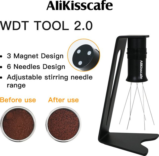 ALIKISSCAFE WDT Kaffee Nadel Distributor und magnetischer Pulver Leveler für Espresso Siebträger, Schwarz, Edelstahl - Bild 1