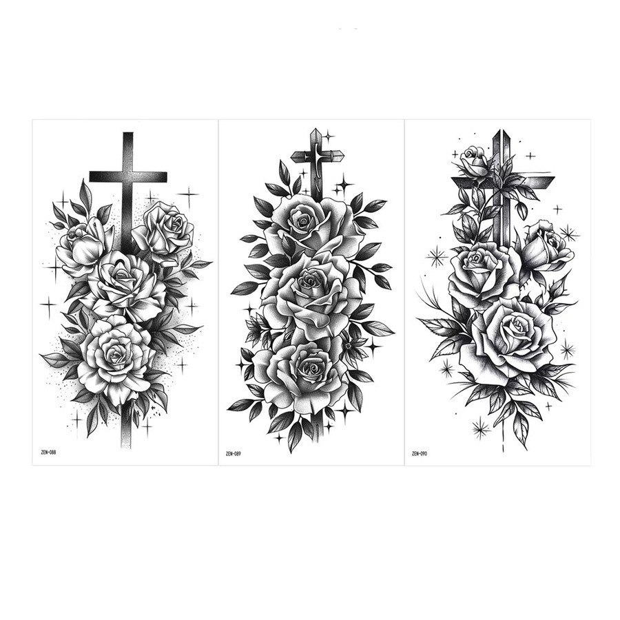 FUNVIART Einweg-Tattoos, schwarze Blumen und Kreuze, Damen - Bild 5
