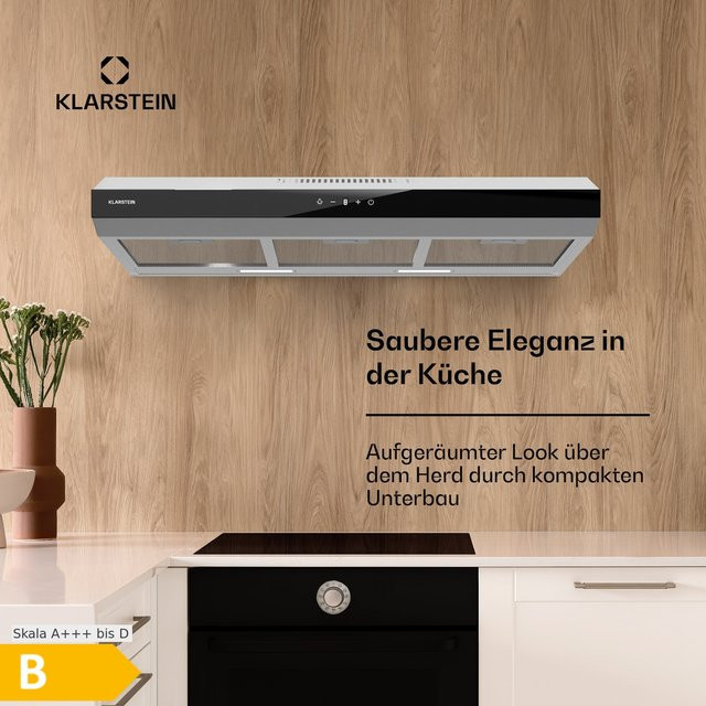 Klarstein Contempo Neo Unterbauhaube in Edelstahl und Acrylglas mit SenseControl Touch-Steuerung, Abluft oder Umluft, 192 m³/h Luftleistung, Farbe Silber - Bild 1