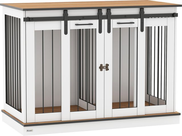 PawHut Hundebox aus Metall und MDF in Weiß mit Doppeltüren für mittelgroße Hunde, B/T/H: 120 x 60 x 88,5 cm - Bild 1