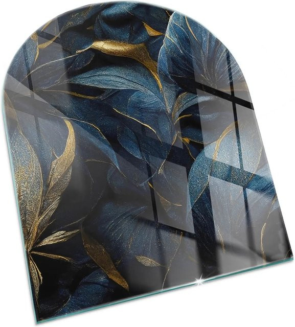 Tulup Kaminglasplatte Halbkreis mit Blätter-Textur in Marine Blau, B/T: 80 x 70 cm - Bild 1