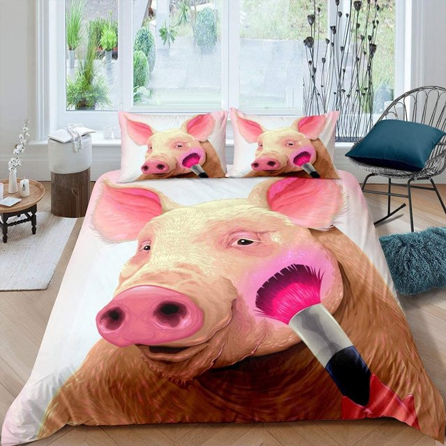 Bettwäsche Set mit niedlichem Schwein Muster von Binchi Outdoor Product, bestehend aus Bettdeckenbezug und Kissenbezug aus Polyester, Mehrfarbig, Breite: 135 cm, Länge: 200 cm - Bild 1